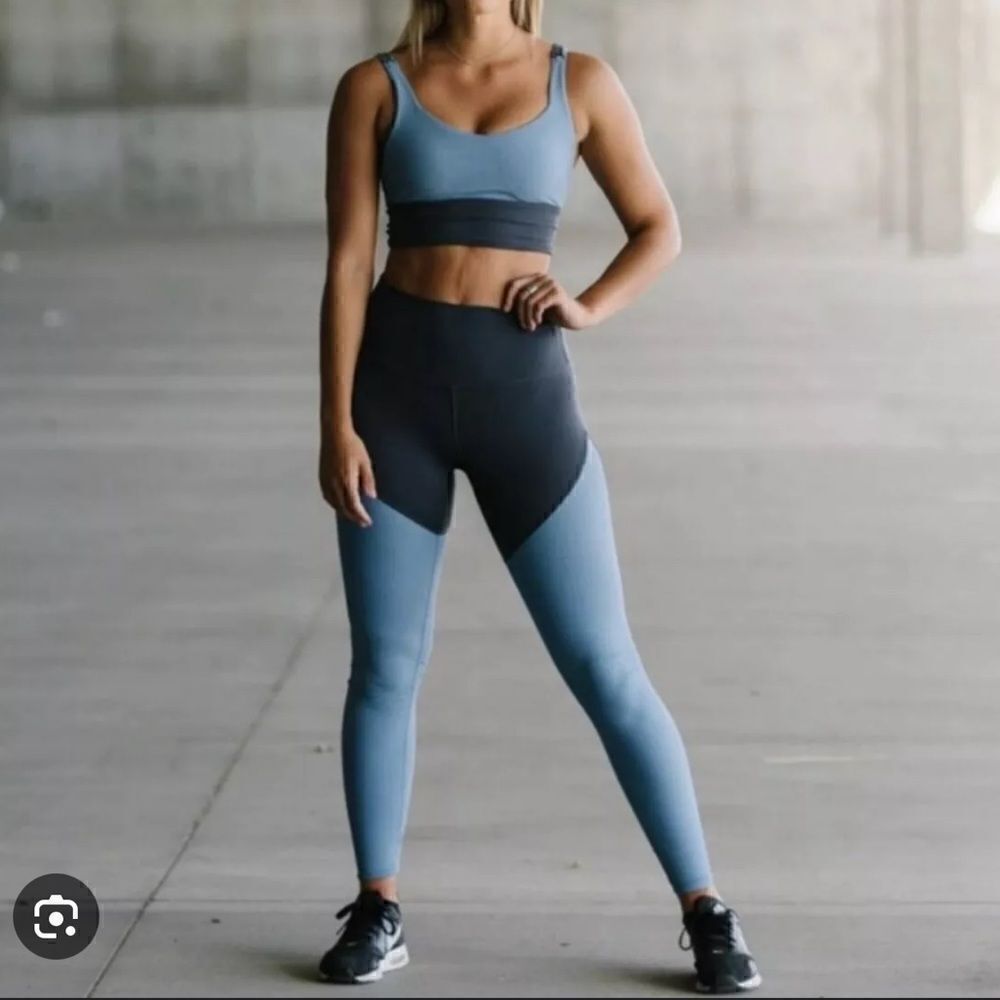 ZYIA Active Storm Parallel Luxe High Waist Ribbed Blue Gray Leggings